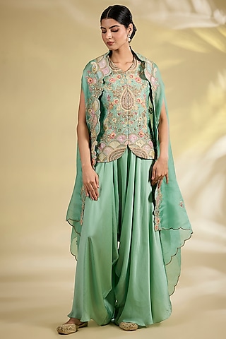 Cyan Organza Patchwork Cape Set by Petticoat Lane