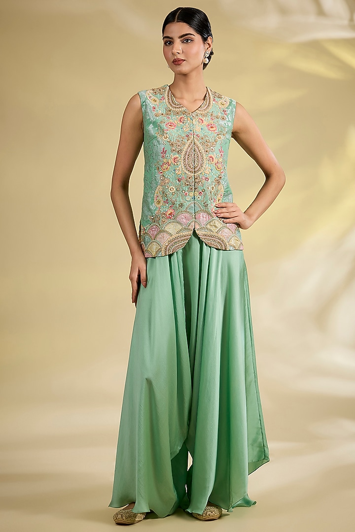 Cyan Organza Patchwork Cape Set by Petticoat Lane at Pernia's Pop Up Shop