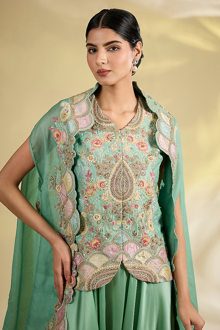 Cyan Organza Patchwork Cape Set by Petticoat Lane at Pernia's Pop Up Shop