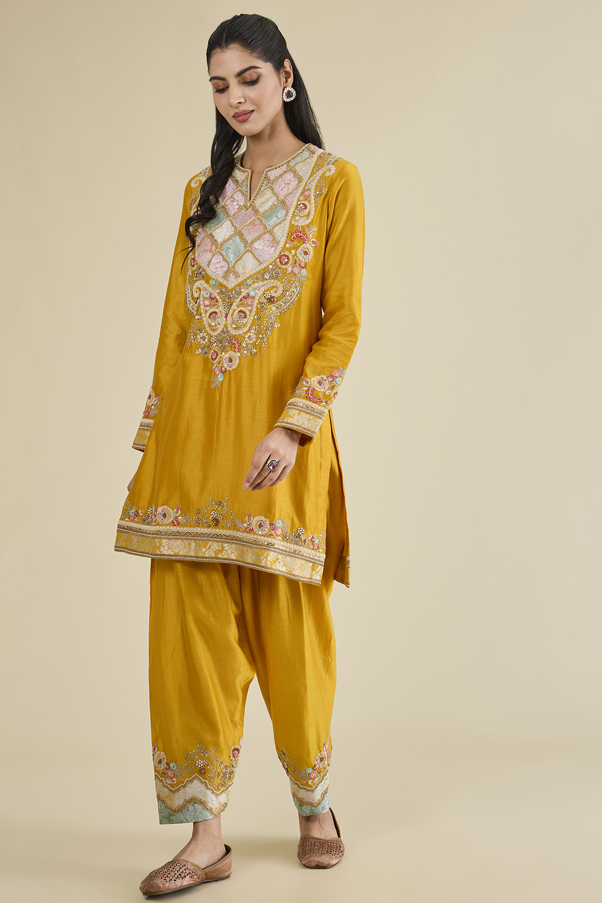 Mustard Chanderi Brocade Patchwork Short Kurta Set by Petticoat Lane at Pernia's Pop Up Shop