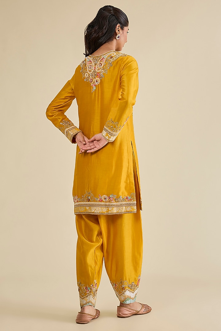Mustard Chanderi Brocade Patchwork Short Kurta Set by Petticoat Lane at Pernia's Pop Up Shop