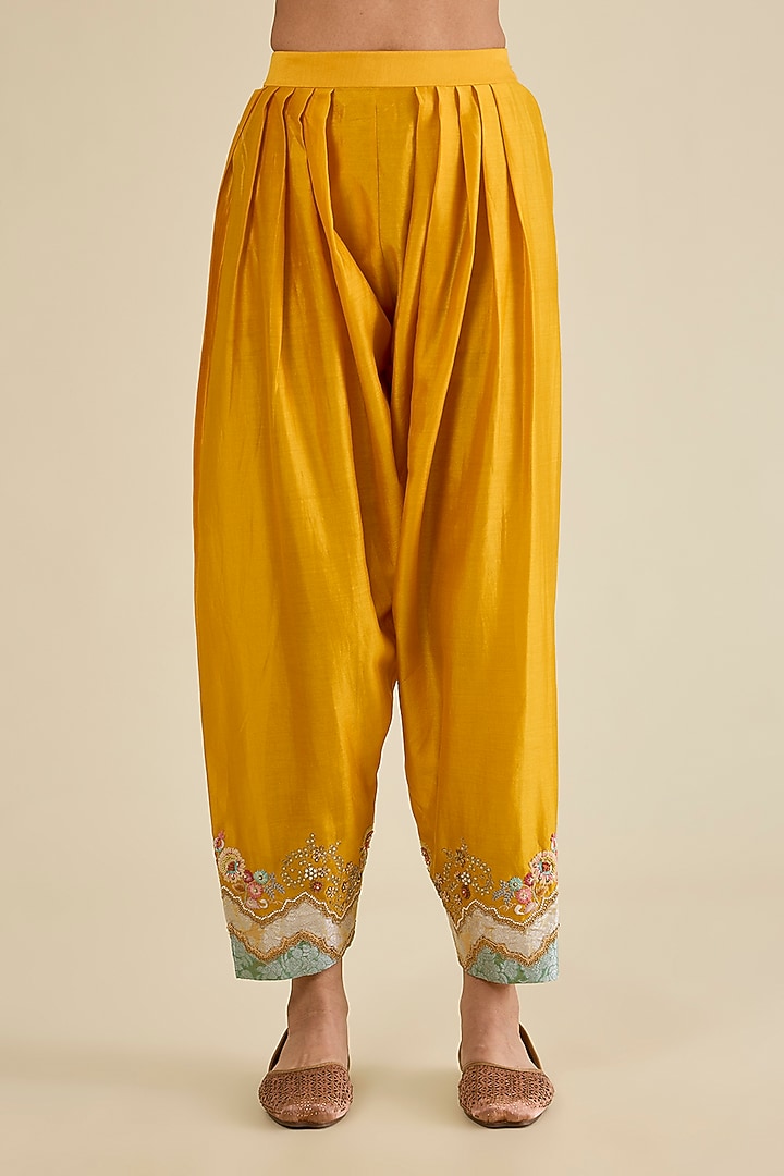 Mustard Chanderi Brocade Patchwork Short Kurta Set by Petticoat Lane at Pernia's Pop Up Shop