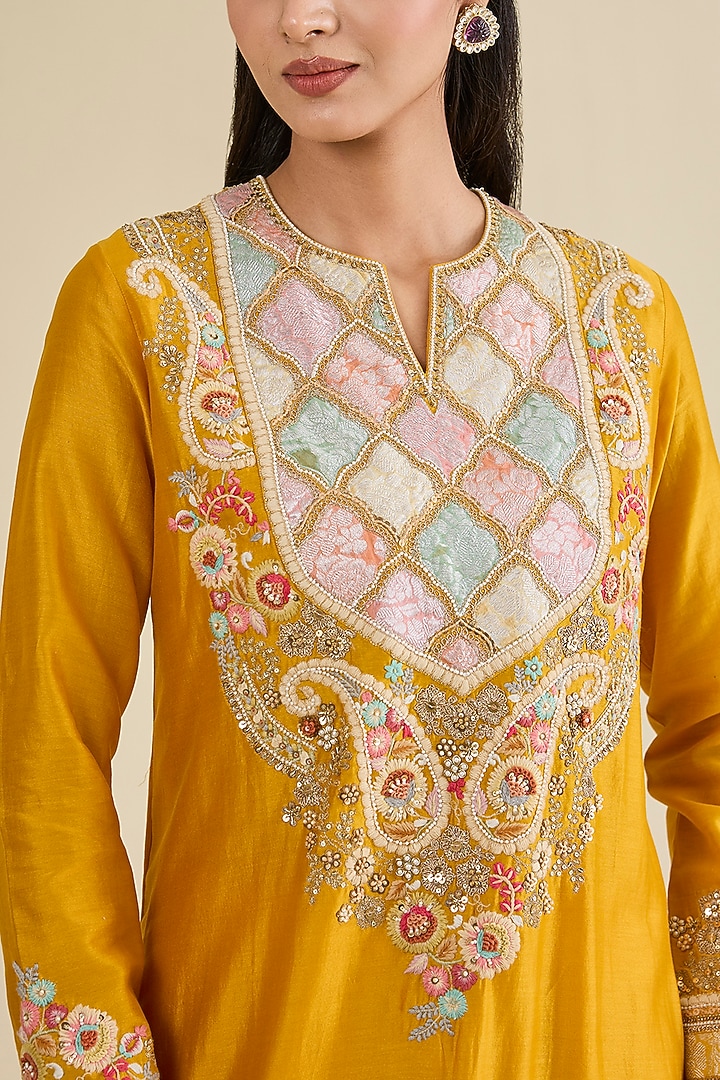 Mustard Chanderi Brocade Patchwork Short Kurta Set by Petticoat Lane at Pernia's Pop Up Shop