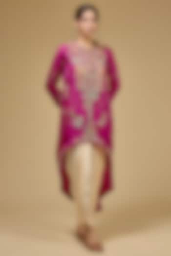 Fuchsia Pink Organza Hand & Machine Embroidered Jacket Set by Petticoat Lane at Pernia's Pop Up Shop