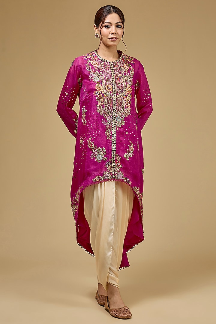 Fuchsia Pink Organza Hand & Machine Embroidered Jacket Set by Petticoat Lane at Pernia's Pop Up Shop