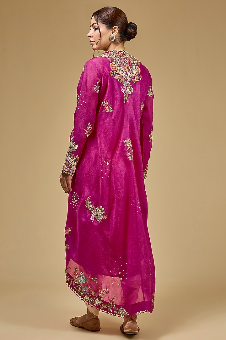 Fuchsia Pink Organza Hand & Machine Embroidered Jacket Set by Petticoat Lane at Pernia's Pop Up Shop