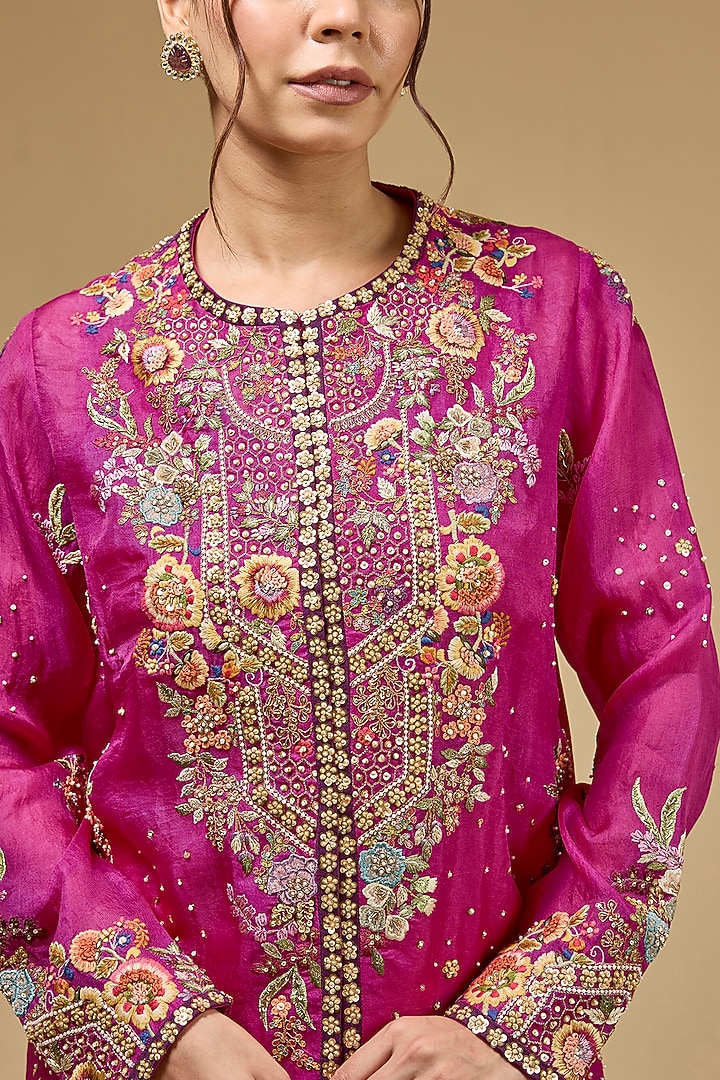 Fuchsia Pink Organza Hand & Machine Embroidered Jacket Set by Petticoat Lane at Pernia's Pop Up Shop