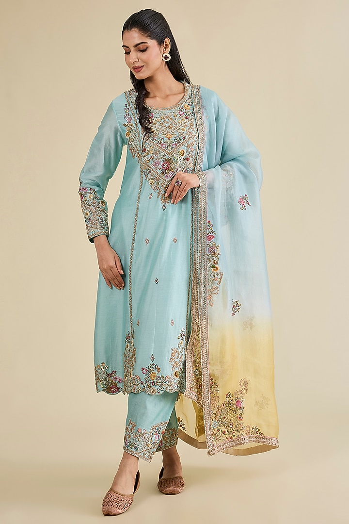 Aqua Chanderi Hand Embroidered Long Kurta Set by Petticoat Lane at Pernia's Pop Up Shop