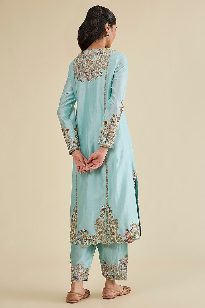 Aqua Chanderi Hand Embroidered Long Kurta Set by Petticoat Lane at Pernia's Pop Up Shop