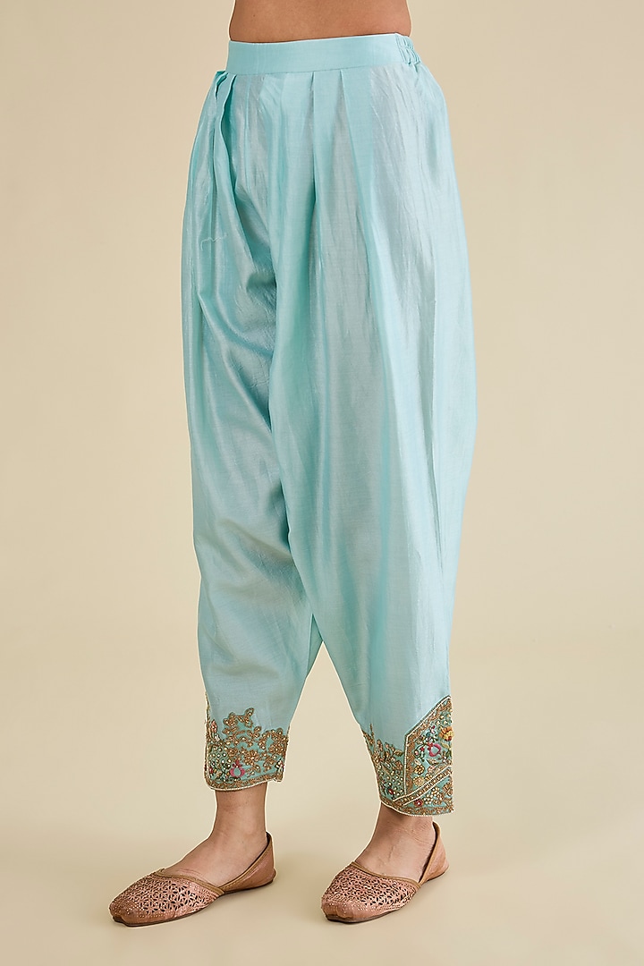 Aqua Chanderi Hand Embroidered Long Kurta Set by Petticoat Lane at Pernia's Pop Up Shop