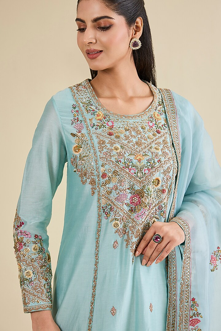 Aqua Chanderi Hand Embroidered Long Kurta Set by Petticoat Lane at Pernia's Pop Up Shop
