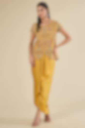 Yellow Chanderi & Satin Skirt Set by Petticoat Lane at Pernia's Pop Up Shop