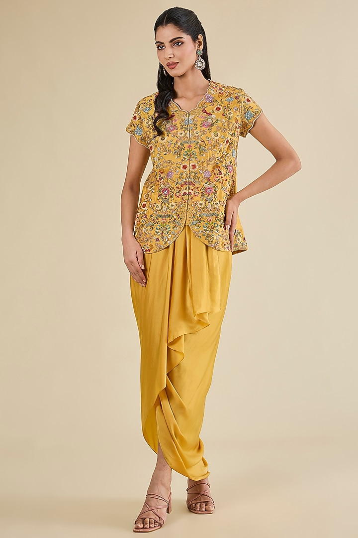 Yellow Chanderi & Satin Skirt Set by Petticoat Lane at Pernia's Pop Up Shop