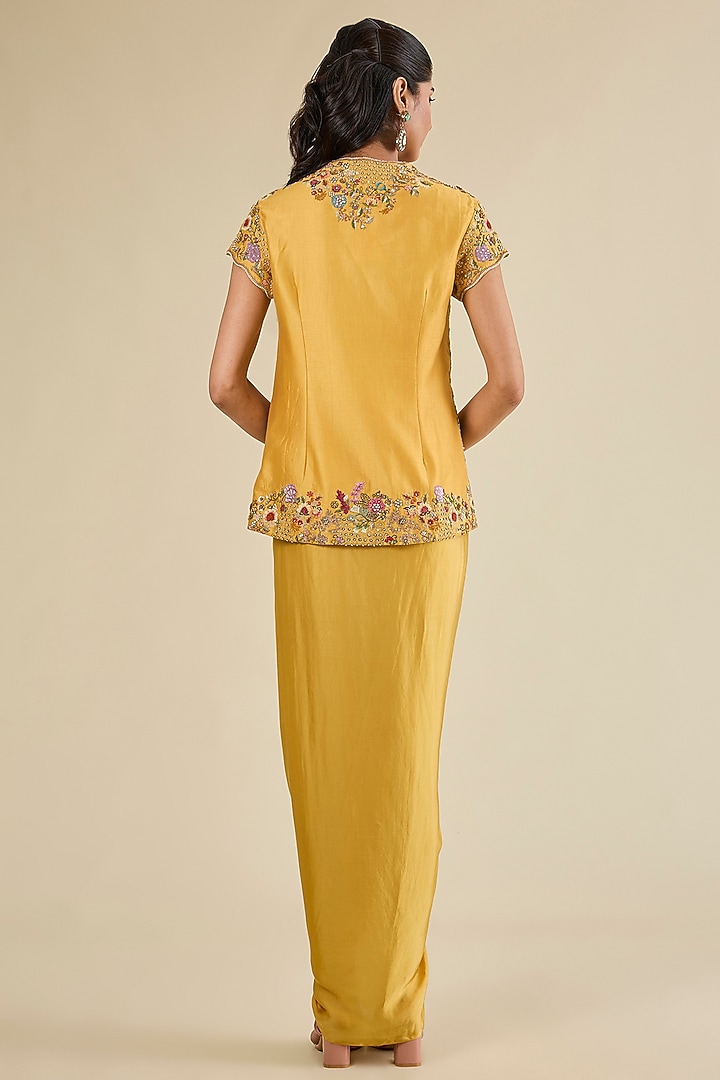 Yellow Chanderi & Satin Skirt Set by Petticoat Lane at Pernia's Pop Up Shop