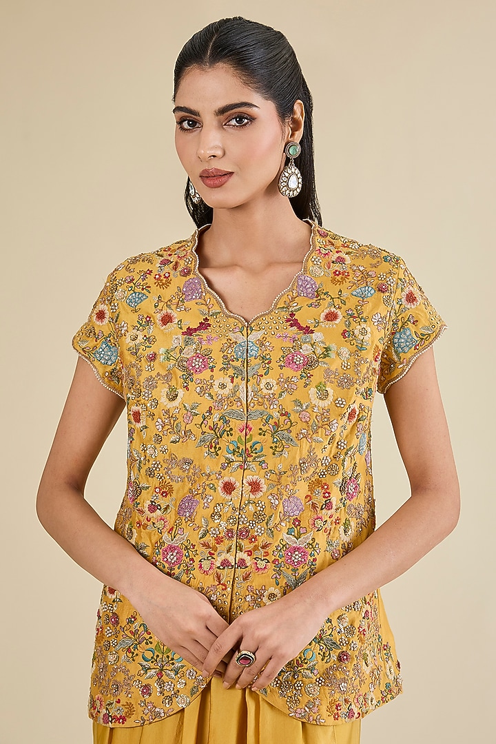 Yellow Chanderi & Satin Skirt Set by Petticoat Lane at Pernia's Pop Up Shop
