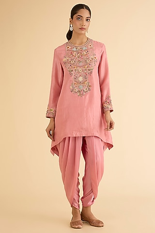 Lilac Dupion Silk Hand & Machine Embroidered Asymmetrical Kurta Set by Petticoat Lane