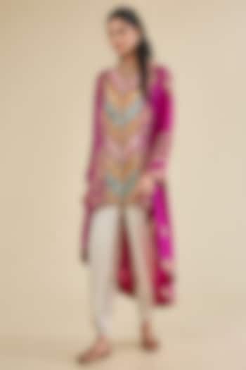 Fuchsia Pink Brocade & Chanderi Asymmetrical Kurta Set by Petticoat Lane at Pernia's Pop Up Shop