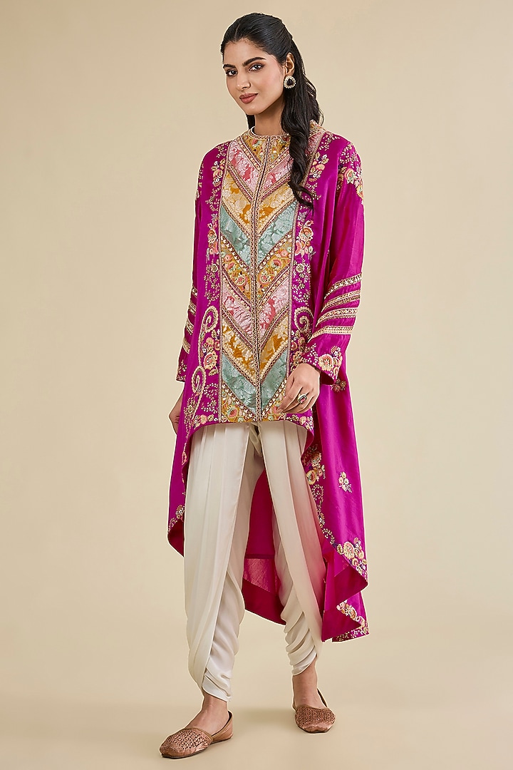 Fuchsia Pink Brocade & Chanderi Asymmetrical Kurta Set by Petticoat Lane at Pernia's Pop Up Shop