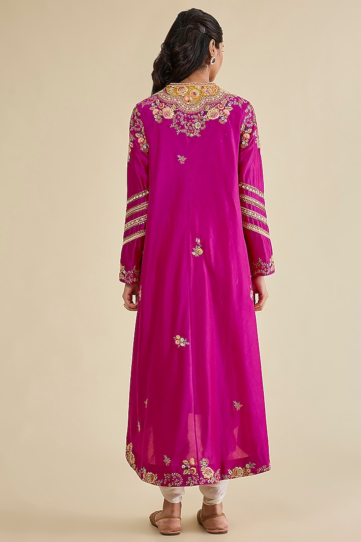 Fuchsia Pink Brocade & Chanderi Asymmetrical Kurta Set by Petticoat Lane at Pernia's Pop Up Shop