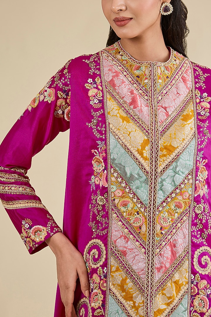 Fuchsia Pink Brocade & Chanderi Asymmetrical Kurta Set by Petticoat Lane at Pernia's Pop Up Shop