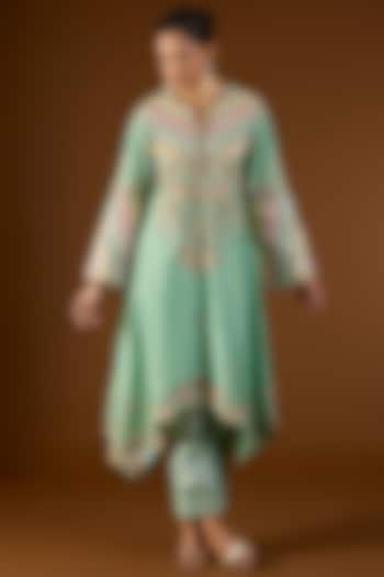 Cyan Blue Brocade Patchwork Hanky Kurta Set by Petticoat Lane at Pernia's Pop Up Shop