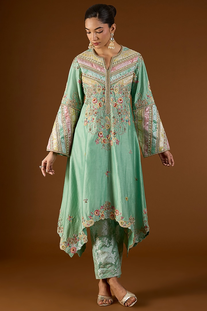 Cyan Blue Brocade Patchwork Hanky Kurta Set by Petticoat Lane at Pernia's Pop Up Shop