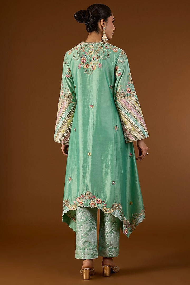 Cyan Blue Brocade Patchwork Hanky Kurta Set by Petticoat Lane at Pernia's Pop Up Shop