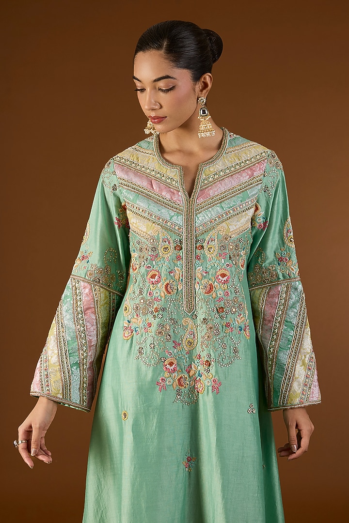 Cyan Blue Brocade Patchwork Hanky Kurta Set by Petticoat Lane at Pernia's Pop Up Shop