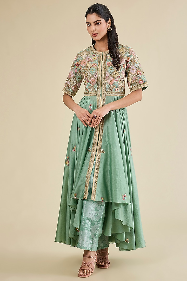 Cyan Blue Brocade & Chanderi Patchwork Asymmetrical Kalidar Kurta Set by Petticoat Lane at Pernia's Pop Up Shop