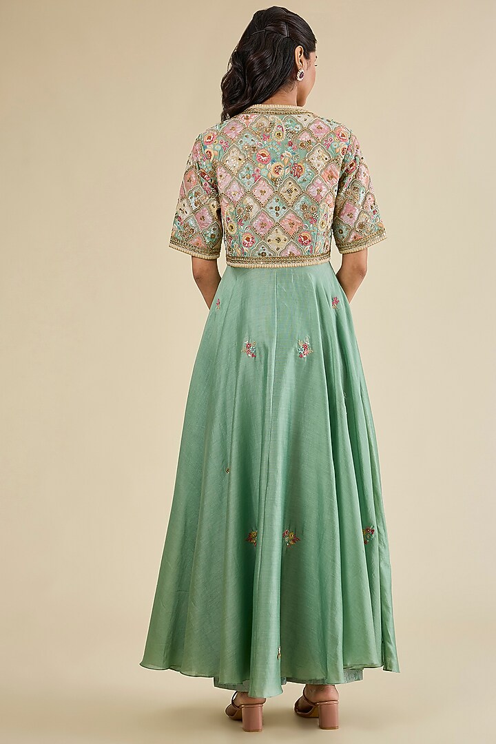 Cyan Blue Brocade & Chanderi Patchwork Asymmetrical Kalidar Kurta Set by Petticoat Lane at Pernia's Pop Up Shop