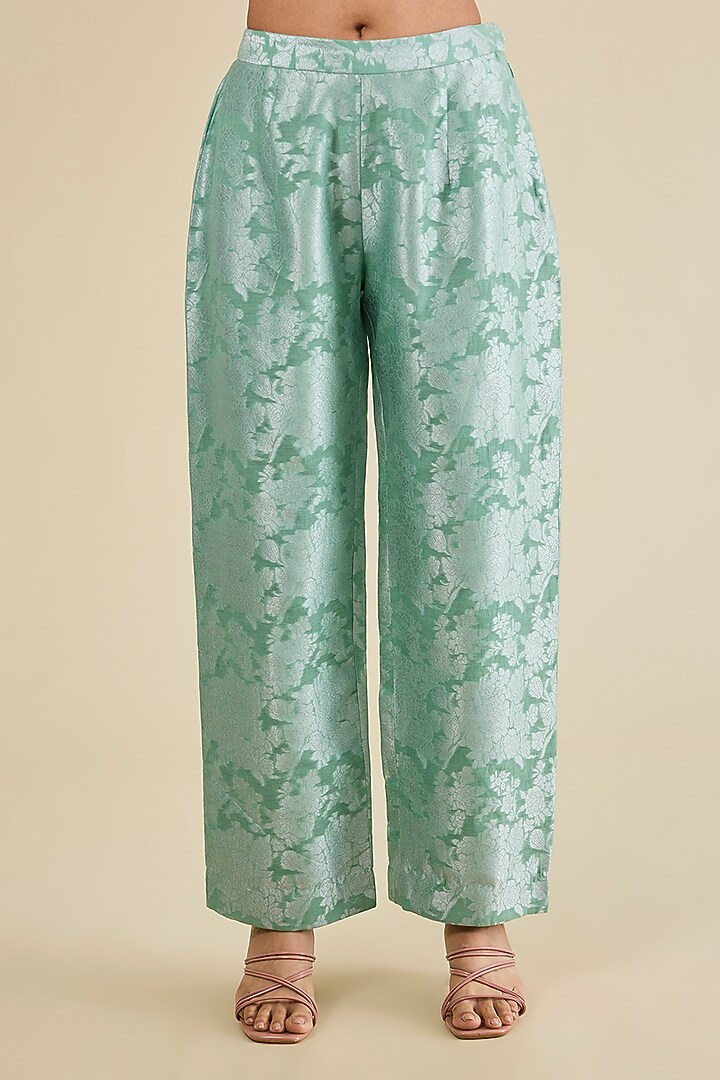 Cyan Blue Brocade & Chanderi Patchwork Asymmetrical Kalidar Kurta Set by Petticoat Lane at Pernia's Pop Up Shop