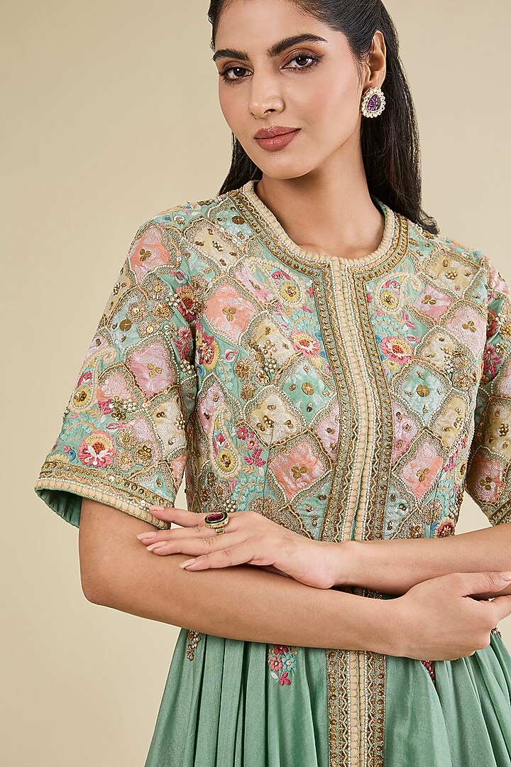 Cyan Blue Brocade & Chanderi Patchwork Asymmetrical Kalidar Kurta Set by Petticoat Lane at Pernia's Pop Up Shop
