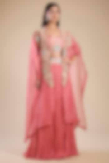 Peach Organza & Chanderi Hand Embroidered Cape Set by Petticoat Lane at Pernia's Pop Up Shop