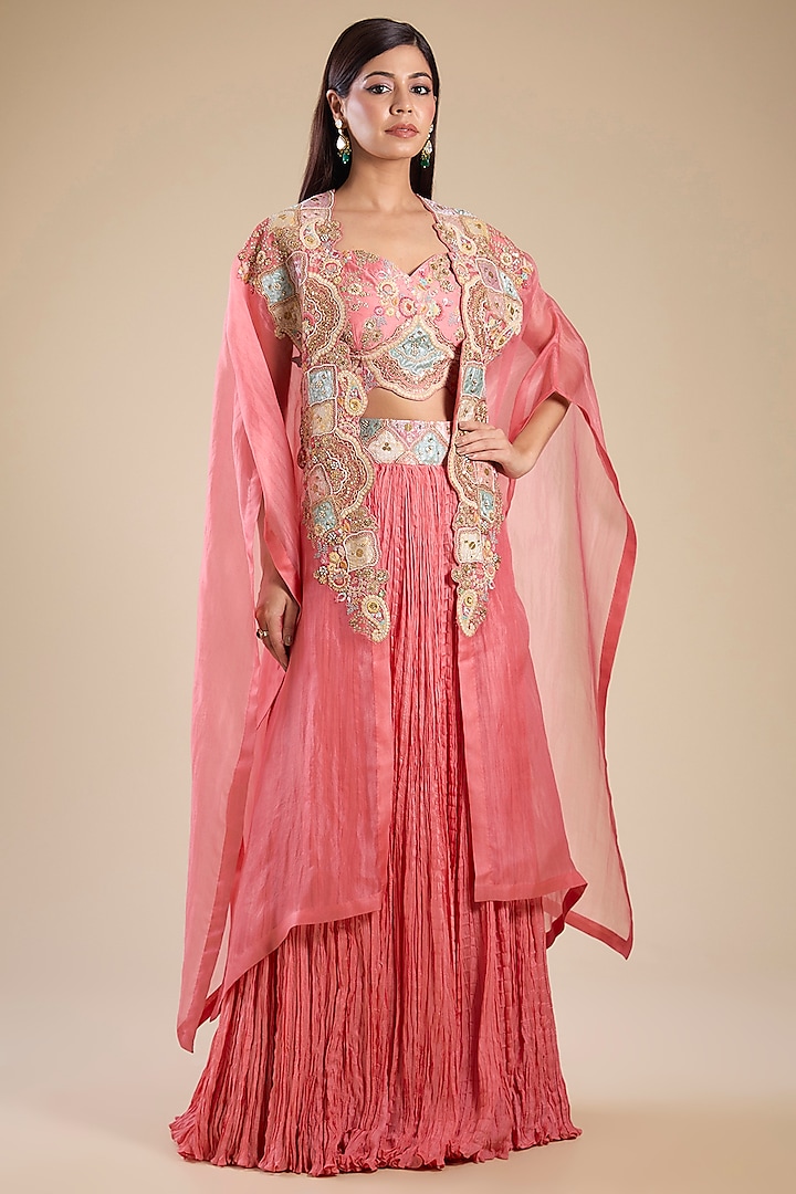 Peach Organza & Chanderi Hand Embroidered Cape Set by Petticoat Lane at Pernia's Pop Up Shop