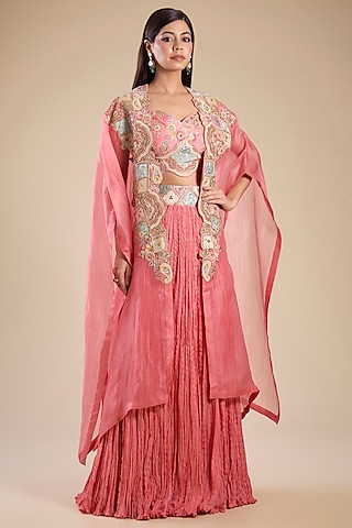 Peach Organza & Chanderi Hand Embroidered Cape Set by Petticoat Lane