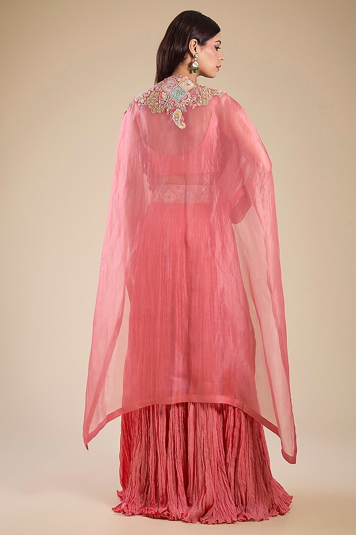 Peach Organza & Chanderi Hand Embroidered Cape Set by Petticoat Lane at Pernia's Pop Up Shop