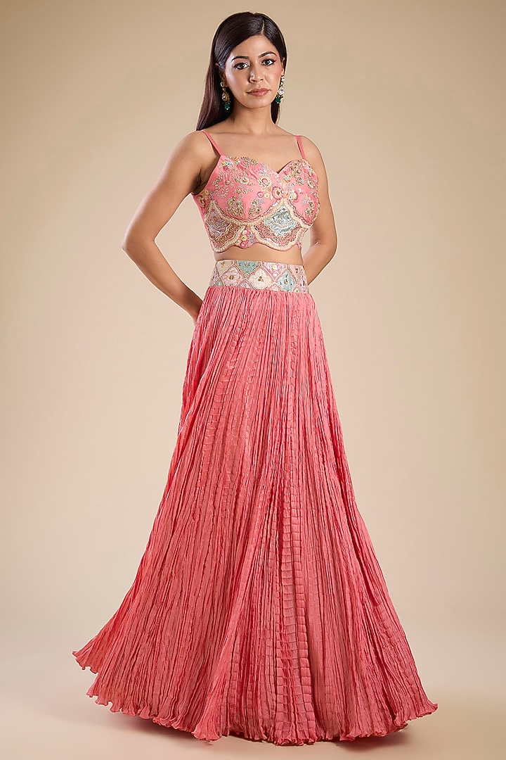 Peach Organza & Chanderi Hand Embroidered Cape Set by Petticoat Lane at Pernia's Pop Up Shop