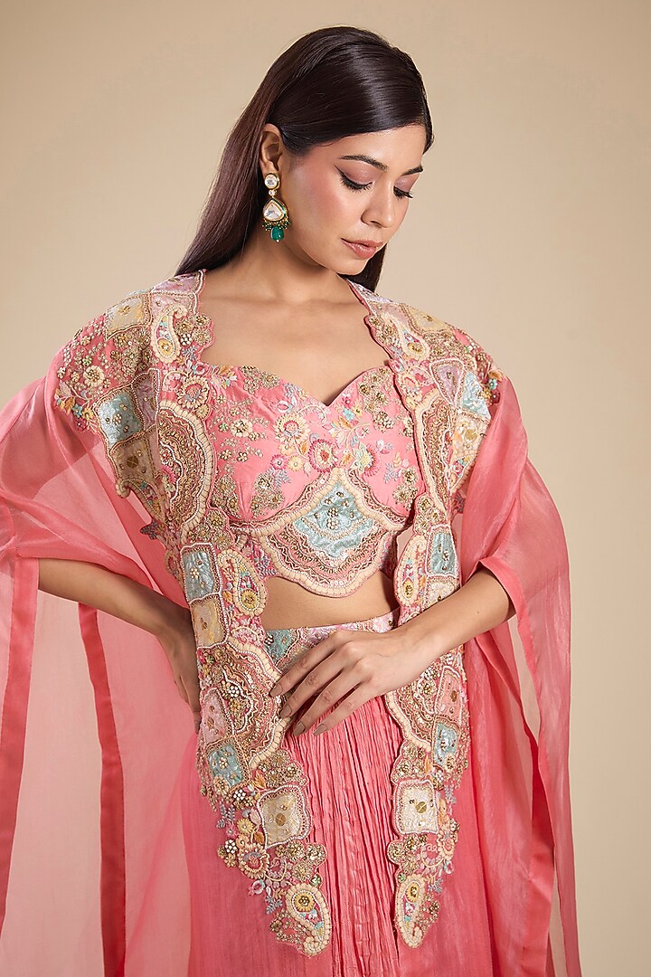 Peach Organza & Chanderi Hand Embroidered Cape Set by Petticoat Lane at Pernia's Pop Up Shop