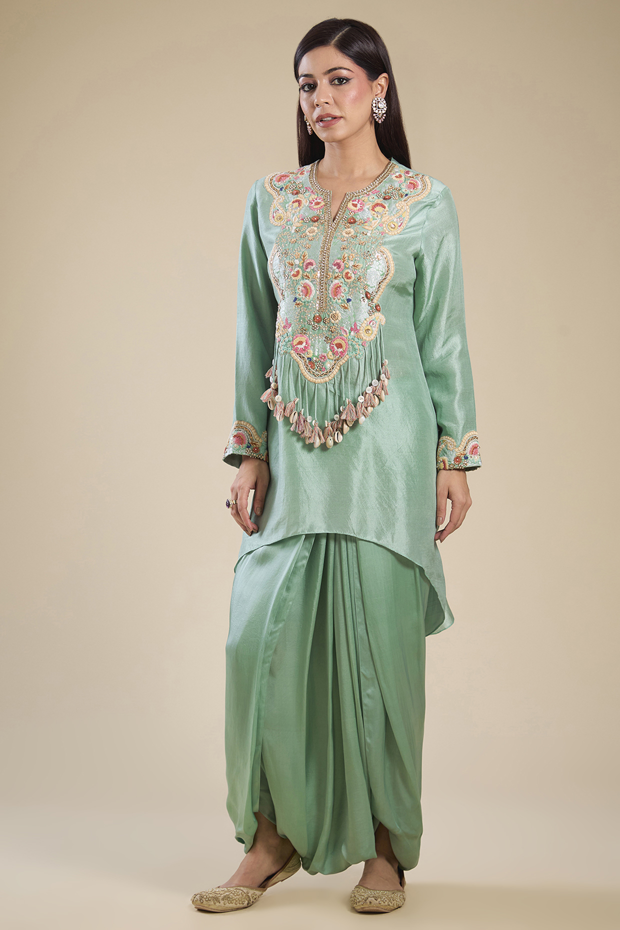 Cyan Chanderi & Dupion Silk Patchwork Kurta Set by Petticoat Lane at Pernia's Pop Up Shop