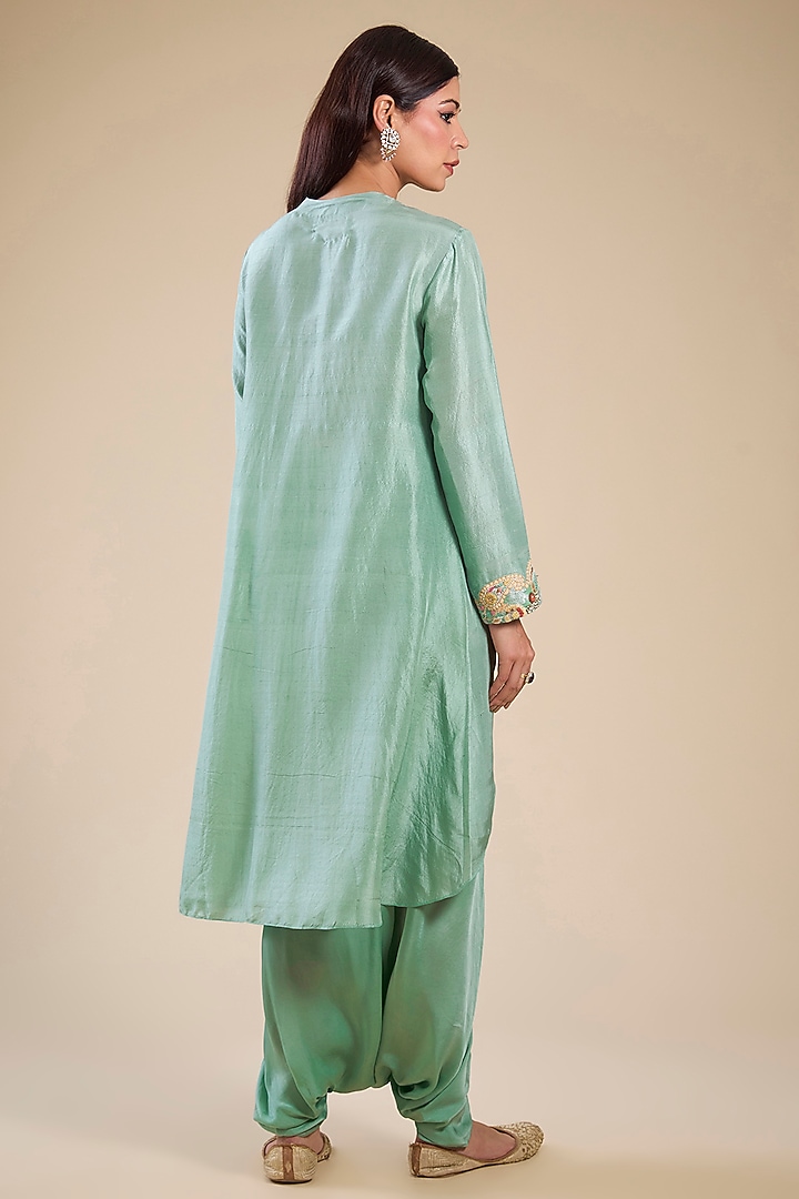 Cyan Chanderi & Dupion Silk Patchwork Kurta Set by Petticoat Lane at Pernia's Pop Up Shop
