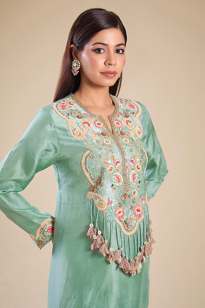 Cyan Chanderi & Dupion Silk Patchwork Kurta Set by Petticoat Lane at Pernia's Pop Up Shop