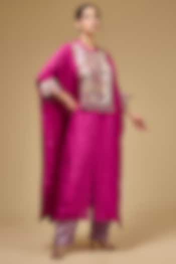 Fuchsia Pink Dupion Silk Patchwork Kaftan Set by Petticoat Lane at Pernia's Pop Up Shop