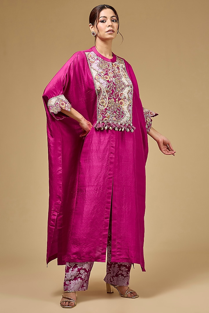 Fuchsia Pink Dupion Silk Patchwork Kaftan Set by Petticoat Lane at Pernia's Pop Up Shop