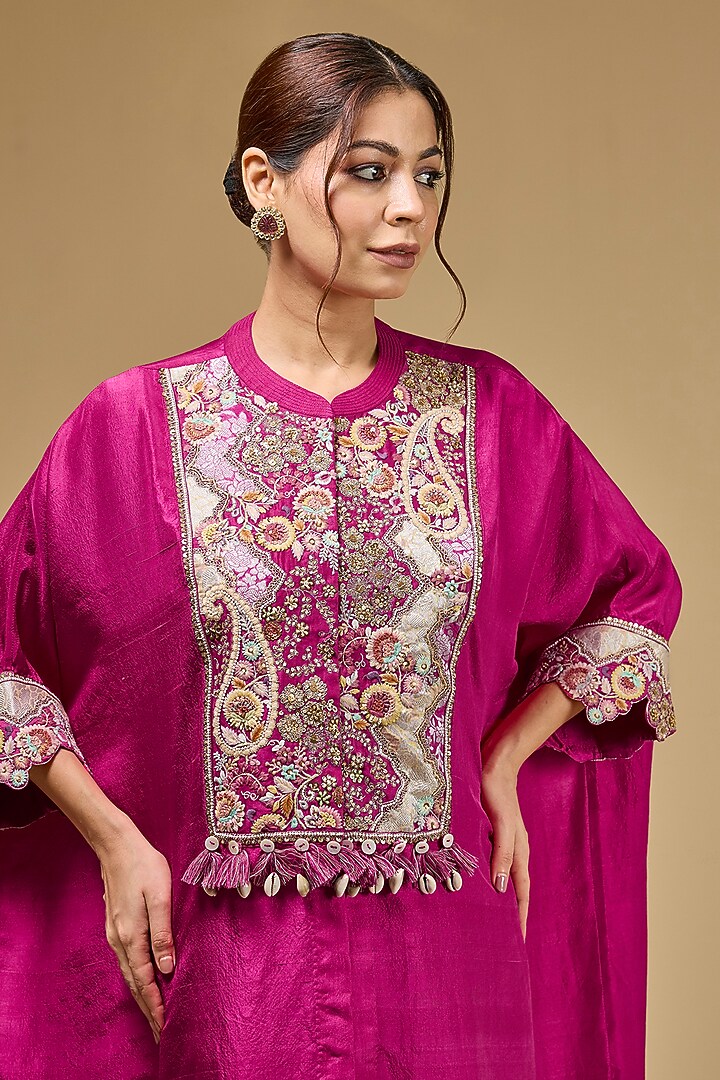 Fuchsia Pink Dupion Silk Patchwork Kaftan Set by Petticoat Lane at Pernia's Pop Up Shop