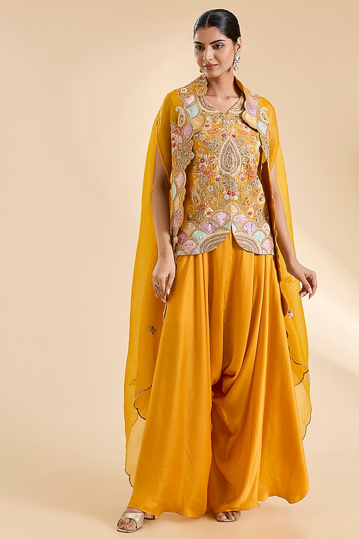 Mustard Organza Patchwork Cape Set by Petticoat Lane at Pernia's Pop Up Shop