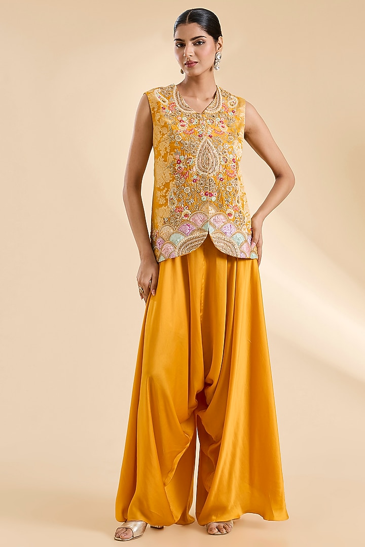 Mustard Organza Patchwork Cape Set by Petticoat Lane at Pernia's Pop Up Shop