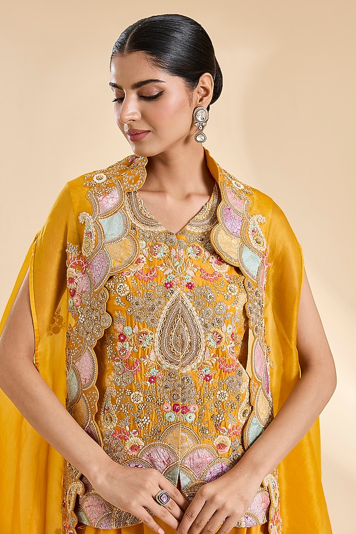 Mustard Organza Patchwork Cape Set by Petticoat Lane at Pernia's Pop Up Shop