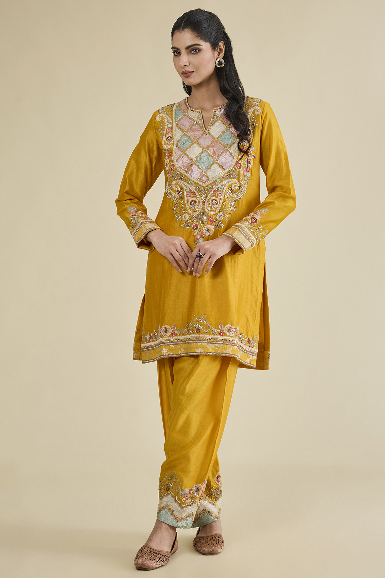 Mustard Chanderi & Brocade Patchwork Kurta Set by Petticoat Lane at Pernia's Pop Up Shop