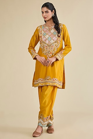 Mustard Chanderi & Brocade Patchwork Kurta Set by Petticoat Lane