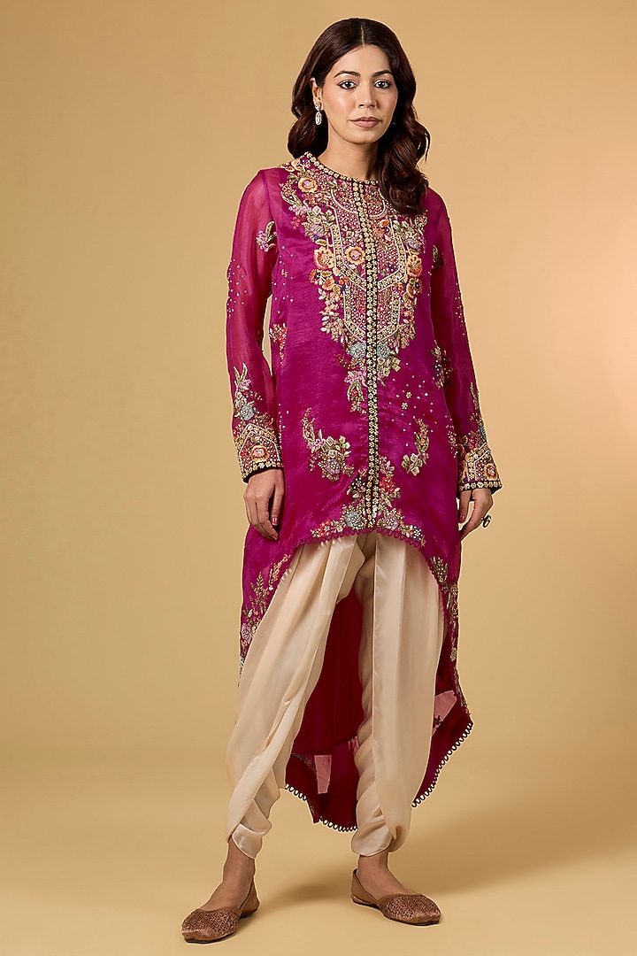 Fuchsia Pink Organza Hand & Machine Embroidered Kurta Set by Petticoat Lane at Pernia's Pop Up Shop